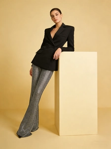 Ensemble chic veste de blazer noire à col en V et pantalon à paillettes argentées