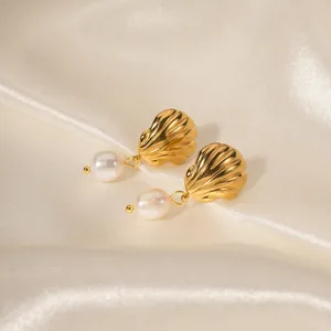 Shell Drop Earrings Vacuum Gold Plated Stainless Steel With Freshwater Pearl Vintage Elegant Jewelry Accessory For Women