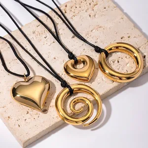 Stainless Steel Pendant Necklace With Wax Rope Cord Minimalist Geometric Heart Spiral Cross Vintage Style Fashion Jewelry For Women