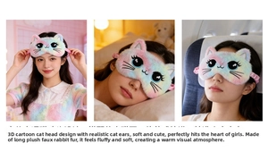 Rainbow plush cat sleep mask with 3D ears and embroidery in travel and home scenes