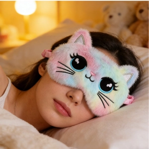 Close-up of cute rainbow cat plush sleep mask with cat embroidery worn by a model