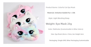 Close-up of cat sleep mask showing soft faux rabbit fur and detailed dimensions list