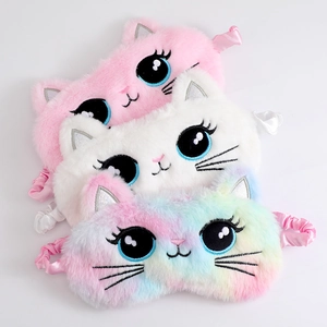 Cute cartoon cat plush sleep masks in pink and rainbow colors with soft cat ears