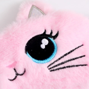 Pink plush sleeping eye mask with cute cartoon cat embroidery and soft faux fur texture