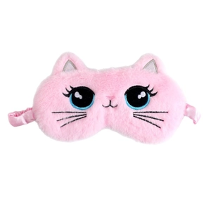Plush pink cat sleep mask with embroidery details and elastic strap for women