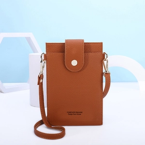 Vertical brown leather cell phone bag with lychee texture and gold button fastener