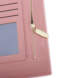Detail view of pink PU leather phone bag with card slots and a metal zipper pocket
