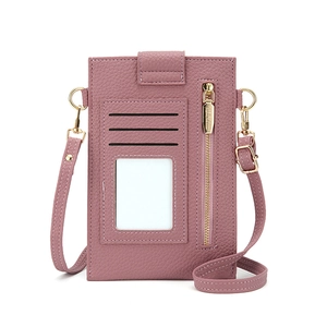 Vertical pink crossbody phone bag in pebble grain leather with card slots and golden zipper