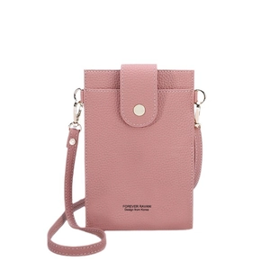 Pink lychee textured leather crossbody phone bag with flap snap and slim shoulder strap