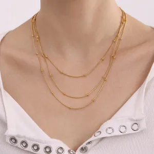 Layered Gold Plated Stainless Steel Snake Chain Necklace With Elegant Small Round Beads Fashion Jewelry For Women