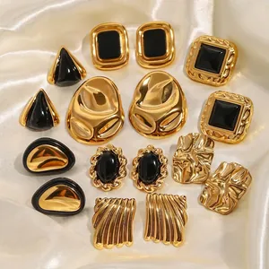 Vintage Stud Earrings Stainless Steel Black Enamel Geometric Square Triangle Waterproof Hypoallergenic Retro Chunky For Women