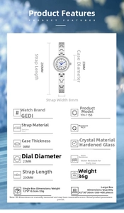 Detailed product specifications for the GEDI elegant silver bracelet watch for women