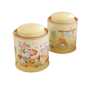 Two-piece round tinplate tea canisters with cream yellow panda illustration