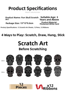 Set of 12 Halloween skull scratch masks with 12 wooden sticks and red hanging ribbons
