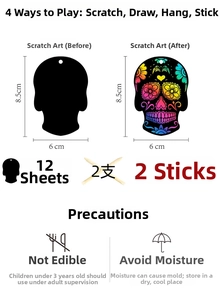 Kit fai-da-te maschere di Halloween con 12 teschi da grattare, bastoncini e nastri