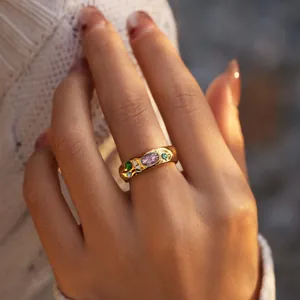Retro Hammered Stainless Steel Chunky Ring With Colorful Zircon Stones Irregular Texture Waterproof Hypoallergenic Jewelry Women