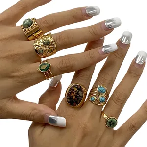 Bohemian Adjustable Rings For Women Stainless Steel Natural Stone Turquoise Malachite Retro Waterproof Jewelry