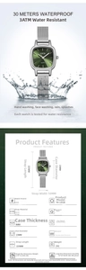 Detail of square green dial watch showing 3ATM water resistance and specifications