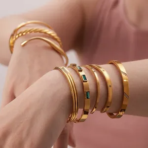 Pulsera Vintage De Acero Inoxidable Para Mujer Bañada En Oro De 18K Con Circón Brazalete Abierto Joyería Ins
