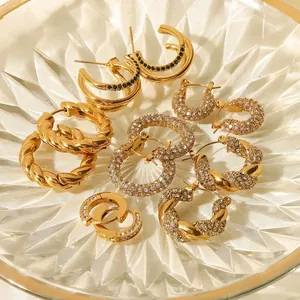 Stainless Steel Zirconia Hoop Earrings 18K Gold Plated Inlaid White Green Stone Geometric Ear Jewelry Gift For Women