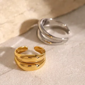 Double Layer Hollow Open Ring Stainless Steel Adjustable Waterproof Hypoallergenic Minimalist Geometric Jewelry Unisex