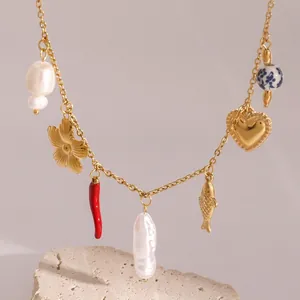 Stainless Steel Multi Charm Necklace With Artificial Baroque Pearl Ceramic Bead Heart Flower Fish And Chili Pepper Pendants Boho