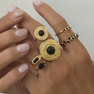 Retro Black Agate Rings Stainless Steel Gold Plated Bohemian Vintage Design For Women Trendy Fashion Jewelry Accessory