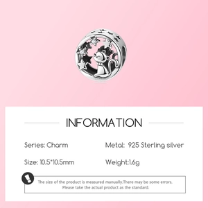 Detail of S925 sterling silver cat and moon charm with white zircon stones and size info