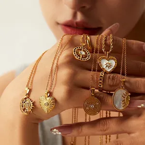 Stainless Steel Necklace Gold Plated Zircon Mother Of Artificial Pearl Heart Sun Moon Compass Angel Pendant Vintage Jewelry For Women