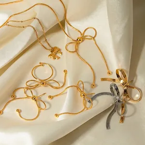 Vintage Stainless Steel Bowknot Earrings Necklace Open Ring For Women Elegant Gold Silver Bow Pendant Fashion Jewelry Gift