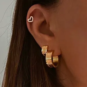 Stainless Steel Ribbed Hoop Stud Earrings For Women Gold Plated Textured Geometric Minimalist Personality Fashion Jewelry