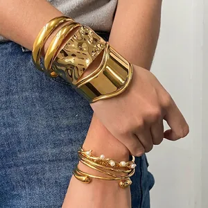 Stainless Steel Bangle Bracelet Cuff Hammered Texture Sun Pattern 18K Gold Plated Bohemian Vintage Jewelry Women Chunky