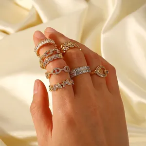 Vintage 18K Gold Plated Copper Open Rings For Women Rhinestone Inlaid Geometric Adjustable Finger Ring Ins Style Jewelry