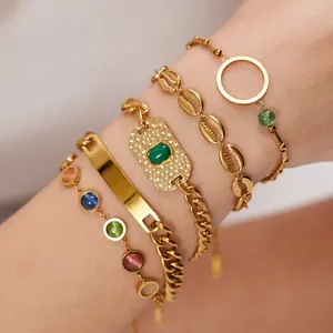 Stainless Steel Gold Plated Bracelet For Women Colorful Cat Eye Stone Cowrie Shell Cuban Chain Hip Hop Jewelry