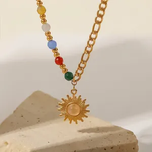 Collar Con Colgante De Sol Acero Inoxidable Chapado En Oro De 18K Con Cuentas Coloridas Y Piedra Ojo De Gato