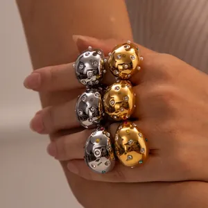Exaggerated Stainless Steel Ring Gold Plated Colorful Zircon Inlaid Geometric Egg Shape Luxury Jewelry For Women