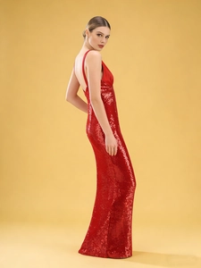 Sparkly burgundy sequins V-neck evening gown with satin straps and mermaid tail