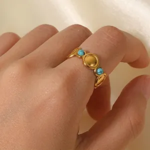 Natural Turquoise Ring For Women Bohemian Vintage Gold Plated Stainless Steel Adjustable Open Geometric Finger Jewelry