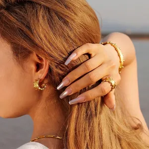 C-Shaped Hoop Earrings 18K Gold Plated Stainless Steel Pleated Texture Geometric Vintage Style For Women