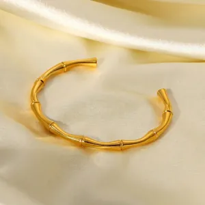 Bamboo Joint Cuff Bracelet Stainless Steel 18K Gold Plated Open Bangle Vintage Fashion Jewelry For Women