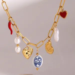Stainless Steel Multi Charm Necklace With Artificial Baroque Pearl Ceramic Bead Shell Heart Chili Bohemian Vintage Jewelry For Women