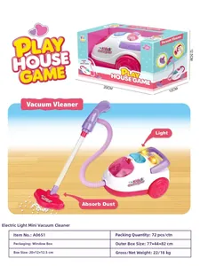 Detailed view of pink mini toy vacuum cleaner with lights and its color box packaging