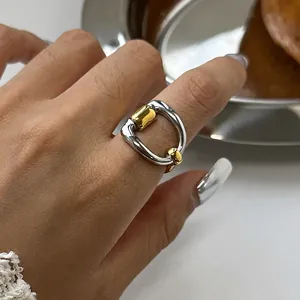 Stainless Steel Ring Bicolor Gold Silver Horsebit Design Open Adjustable Geometric Fashion Jewelry For Women