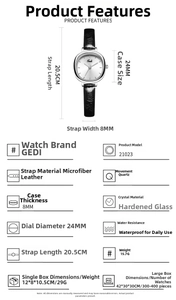 Detailed specs of GEDI minimalist quartz watch featuring a black leather strap and alloy case