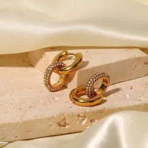 Stainless Steel Interlocking Double Hoop Earrings For Women Gold Plated Pave Rhinestone Geometric Round Fashion Jewelry