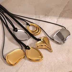 Stainless Steel Geometric Pendant Necklace With Black Cord Waterproof Hypoallergenic Minimalist Jewelry For Women Men
