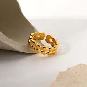 18K Gold Plated Stainless Steel Ring Double Layer Ellipse Chain Open Adjustable Geometric Finger Ring For Women Party Daily Jewelry Gift