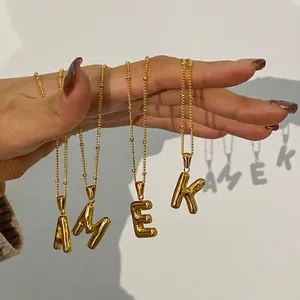 3D Puffy Balloon Initial Necklace For Women Bubble Letter Pendant Stainless Steel Jewelry Gold Plated Accessory