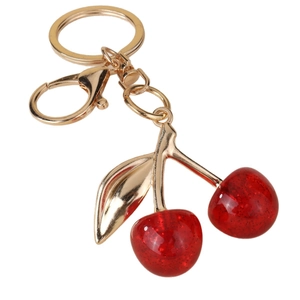 Fashionable red resin cherry keychain with gold metal ring and lobster clasp accessory