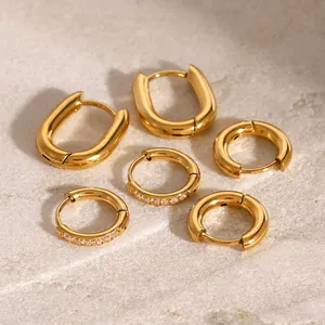 Stainless Steel Hoop Earrings Gold Plated Geometric Huggie Zircon Inlaid Minimalist Fashion Women